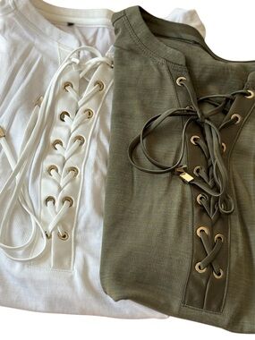 White House Black Market Bundle  Lace-Up Short Sleeve Tees in White and Olive